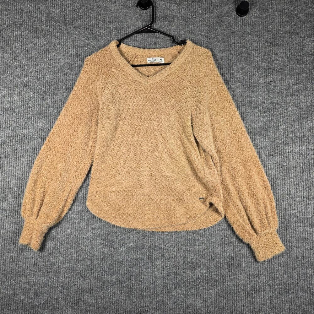 Hollister XS Fuzzy Knit Sweater Tan‎ Balloon Sleeve Cozy Pullover